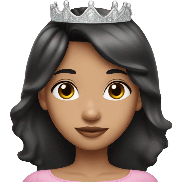 Princess with halo with tan skin tone with long black hair with bang with silver pink heart tiara and pink dress emoji