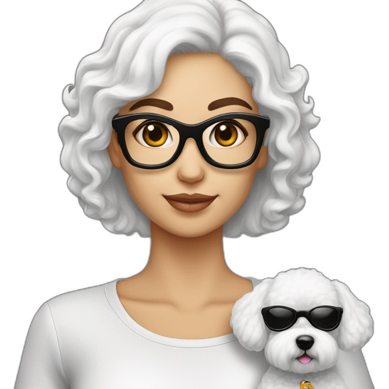 mujer piel blanca cabello negro largo gafas y perro bichon blanco emoji