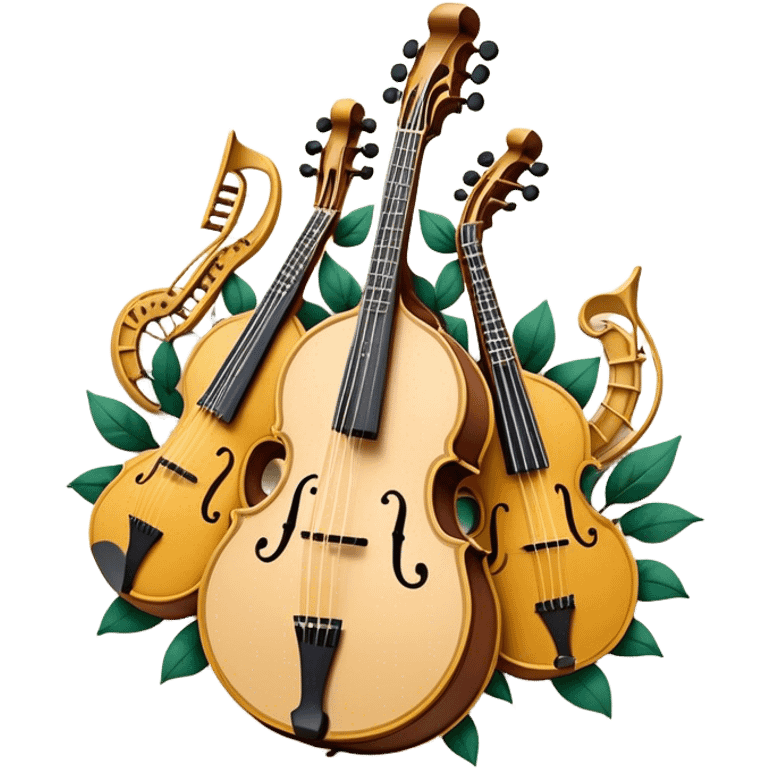 Design a sophisticated and festive emblem-like emoji representing plucked and stringed instruments. The layout should resemble a heraldic crest, featuring iconic instruments like a banjo, mandolin, domra, and sitar, artistically arranged in an elegant and symmetrical way. The necks of the instruments should be intertwined with a flowing ribbon of musical notes, winding around the strings and fretboards. The design should be detailed, showcasing the intricate carvings on the instruments, visible strings, and fret markers. Use a rich color palette with deep golds, browns, and vibrant accents to evoke a sense of luxury and celebration. The musical notes should appear to float around the instruments, connecting them in a graceful, dynamic way. Include ornate flourishes or decorative elements like laurels, swirls, or subtle engravings to give the image a professional, emblematic appearance. The background should be transparent. emoji