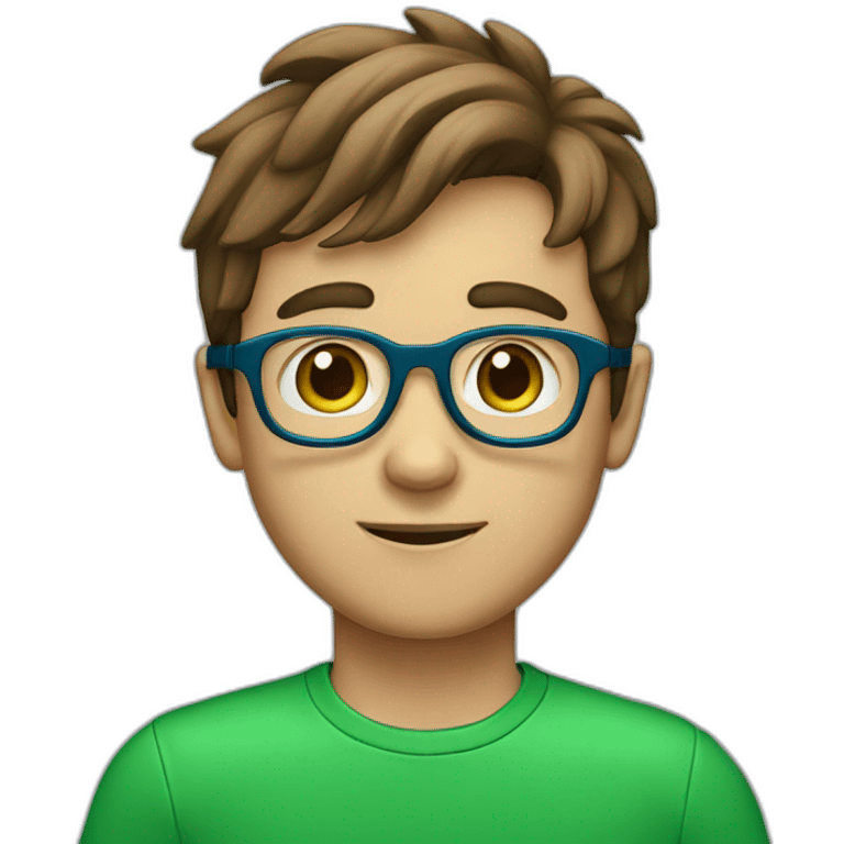 A boy with brown hairs with green eyes with blue eyeglasses with red t-shirt emoji