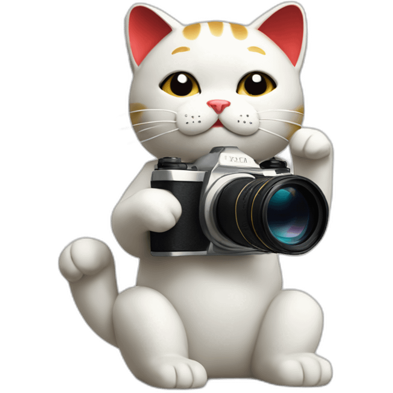 maneki neko with a camera between the legs and the arm up emoji