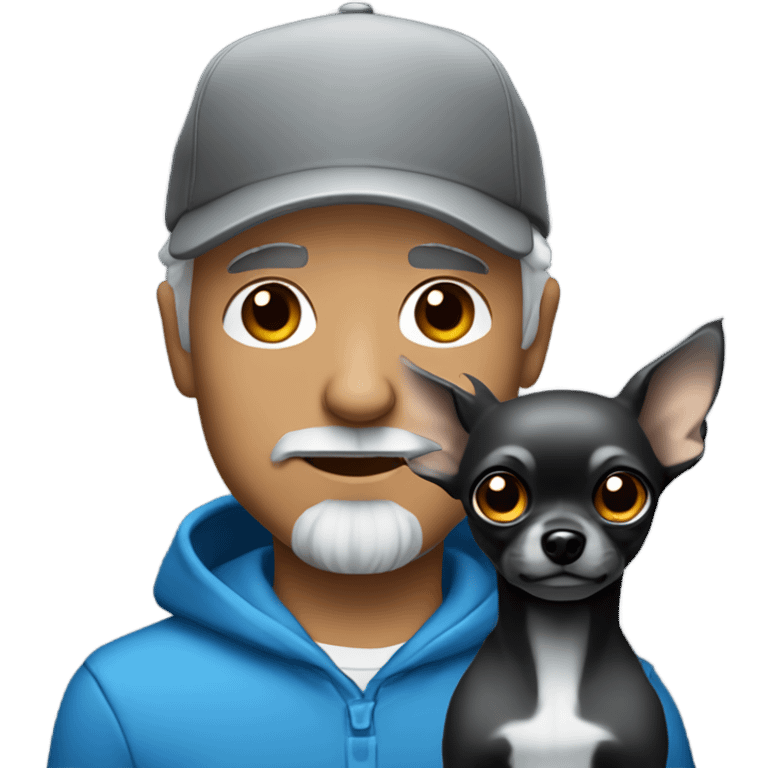 Man with blue eyes grey hair and grey goatee, wearing ball cap, holding long hair black chihuahua emoji