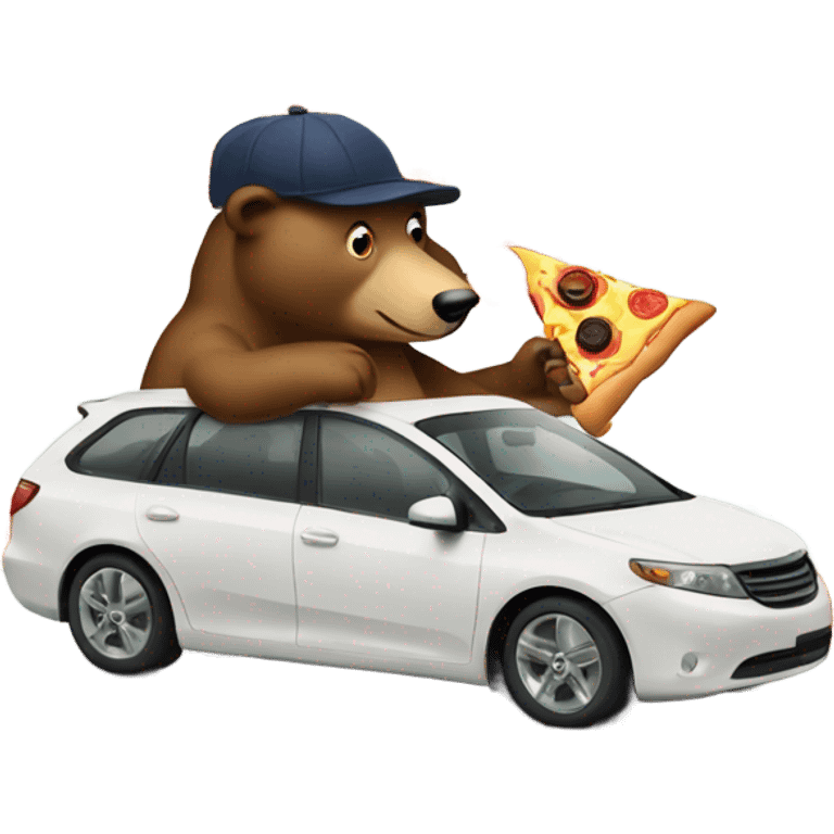 Bear eating pizza with a hat on while driving a car emoji