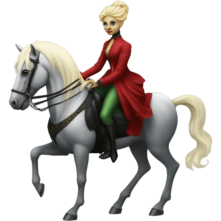 "galora green blonde alien woman" in red Victorian dress elegant, full body, on pegaso emoji