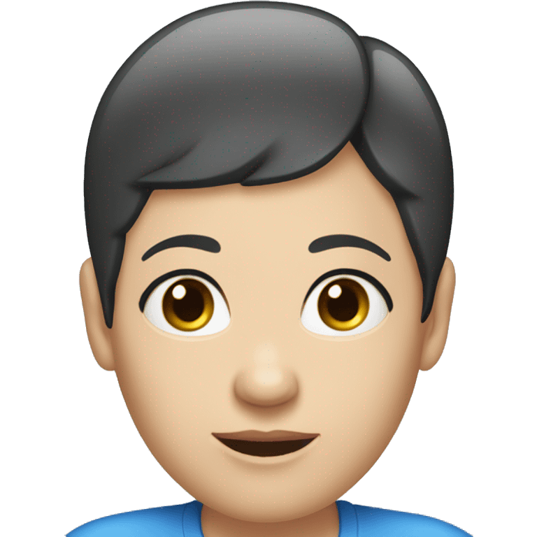 A head and shoulders shot of a 50 year old caucasian woman with short black hair, blue eyes wearing a tshirt. emoji