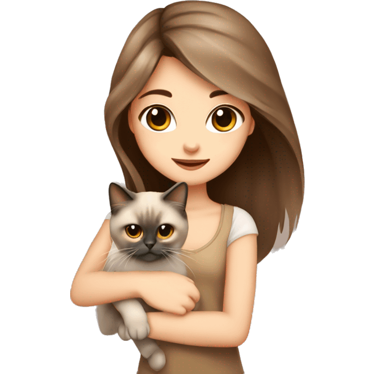 girl with brown eyes brown long hair cute beautiful in her arms holds a Persian cat of Siamese color emoji