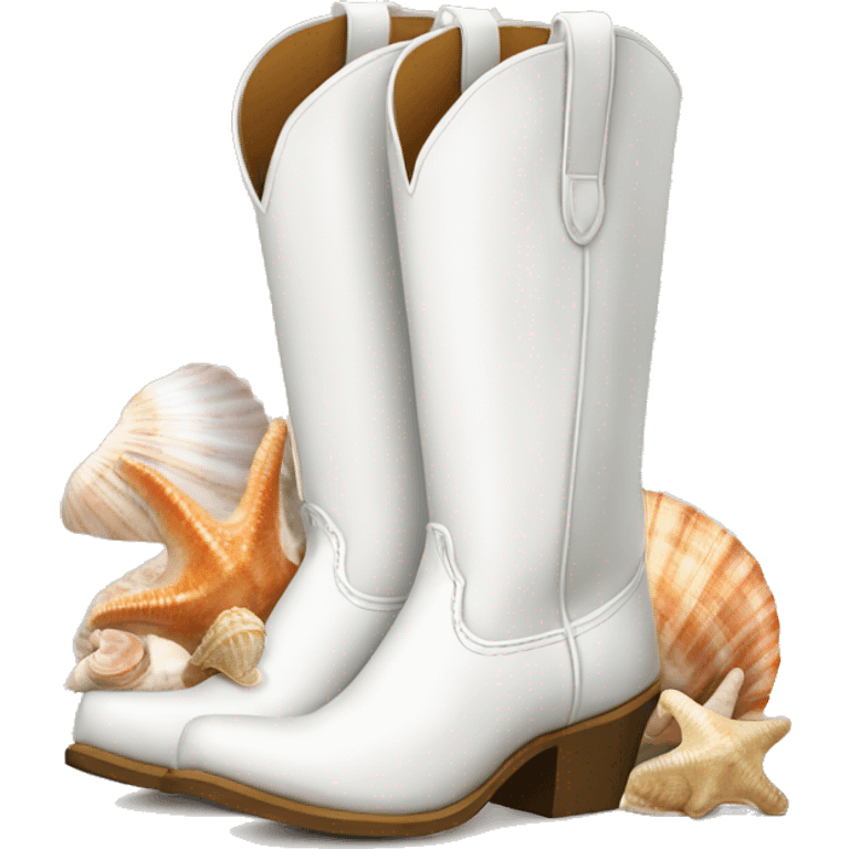 White cowgirl boots with seashells emoji