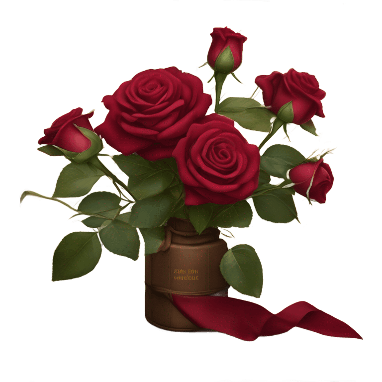 A crimson bouquet of roses with a silk ribbon and an old handwritten diary emoji