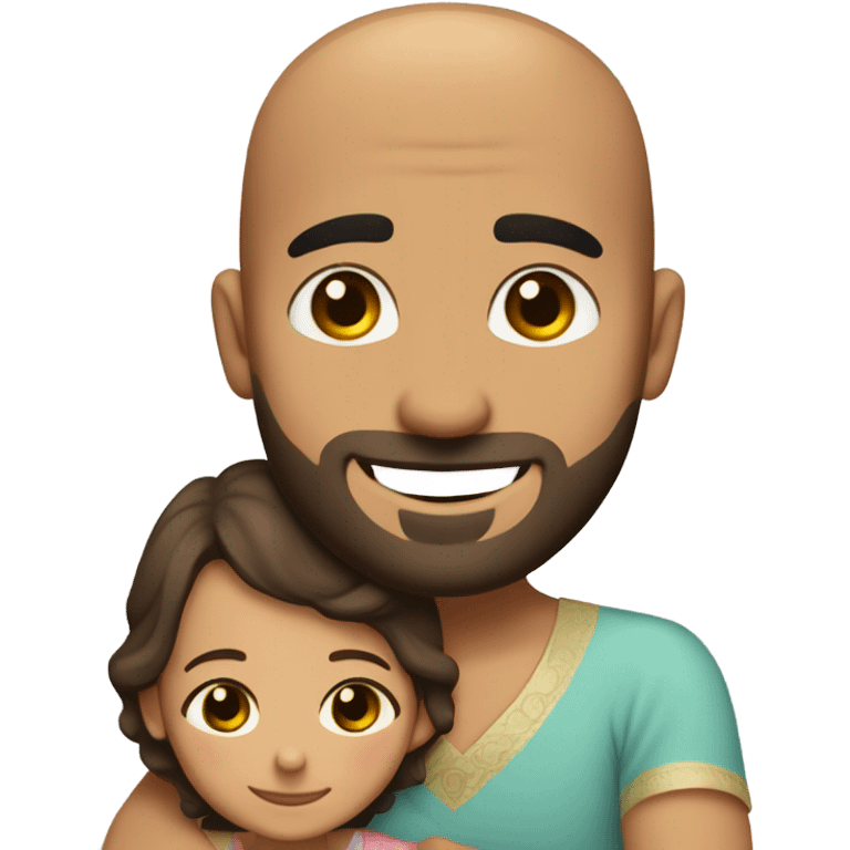 Brown-haired Puerto Rican woman with dark brown eyes wearing a cute blouse giving a comforting hug to a short, bald man with brown eyes, laugh lines, and a beard emoji