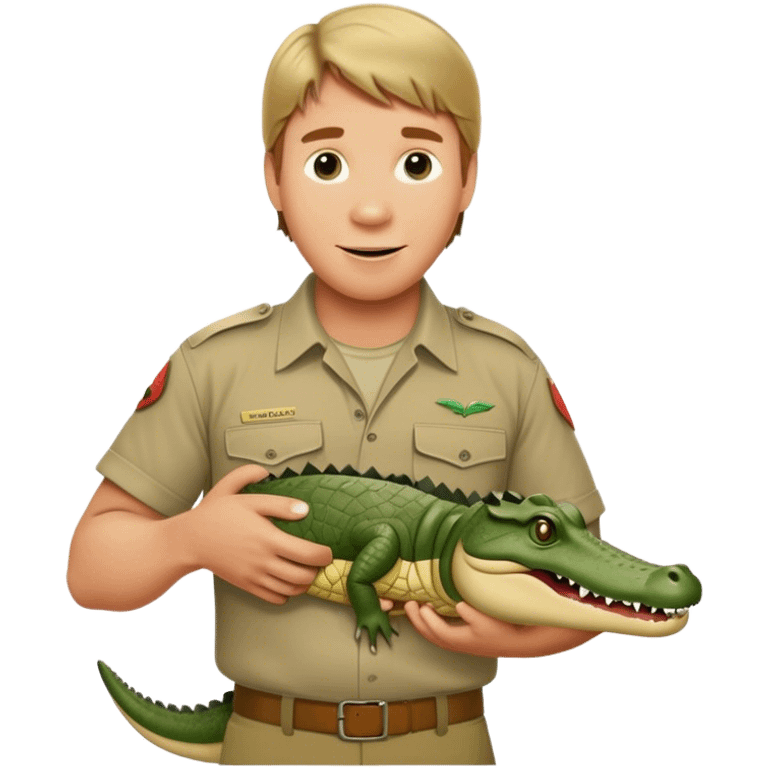 Cinematic Realistic Steve Irwin Portrait Emoji, in his signature khaki attire, holding a crocodile or giving an excited thumbs-up. The scene is lit with vibrant, natural sunlight, emphasizing his adventurous spirit and deep connection to nature. emoji