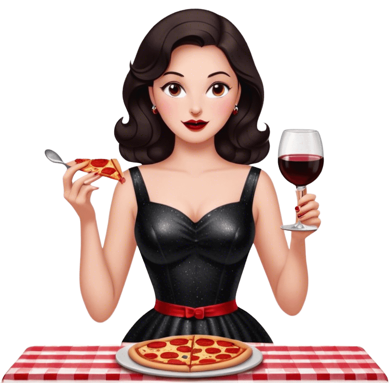 Beautiful woman in 1950’s woman fashion look, black shimmery dress, long dark brown hair, red wine, Pepperoni pizza emoji