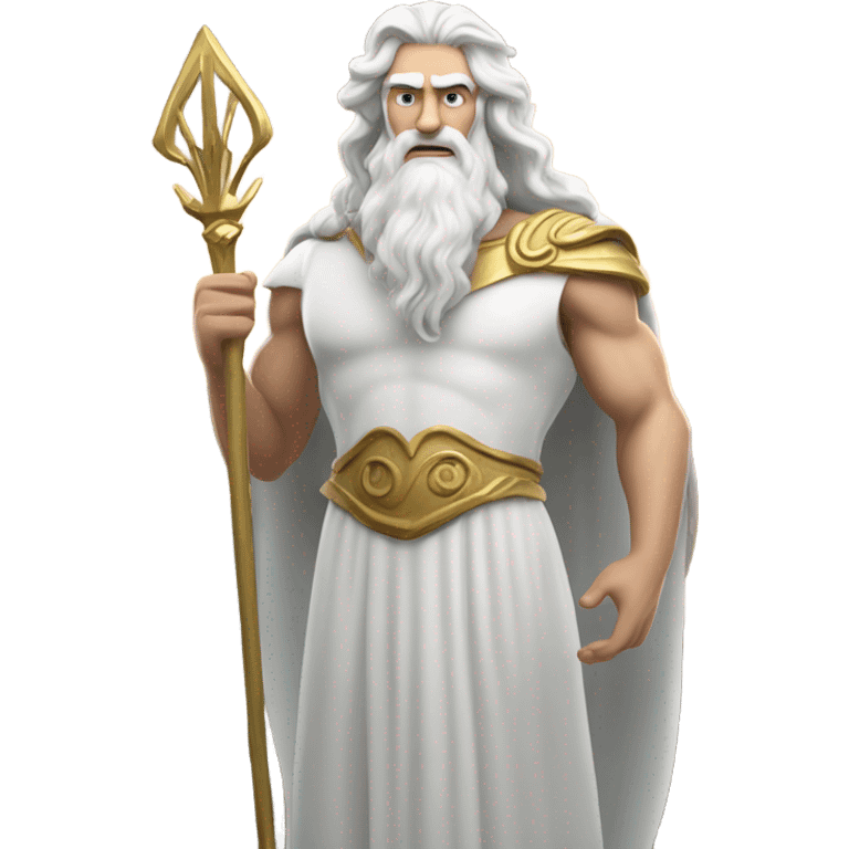 white man Poseidon with gold trident. long white hair white dress. driver emoji