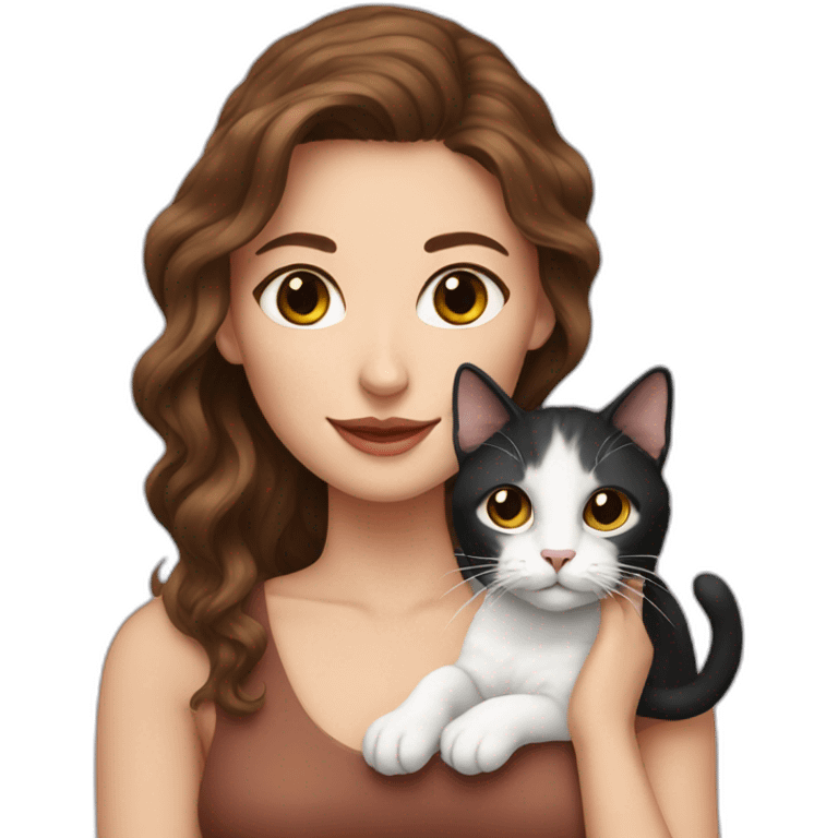 Pretty woman with brown wavy hair holding a black and white cat emoji