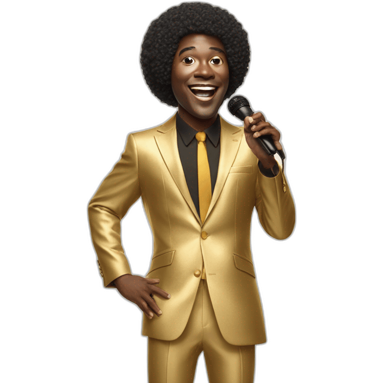 sam richardson in a gold suit singing into a microphone full body dancing short fro hair wig emoji