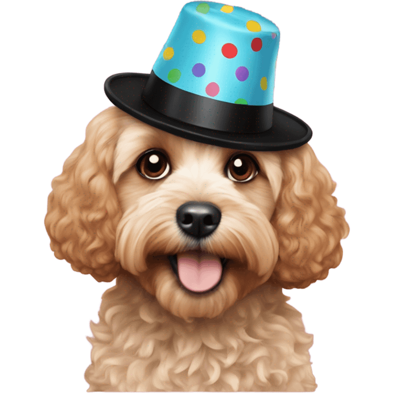 Cavapoo with black fur on a party cap emoji