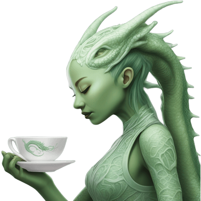 Photo realistic, alien female green,  on white china dragon infinite story emoji