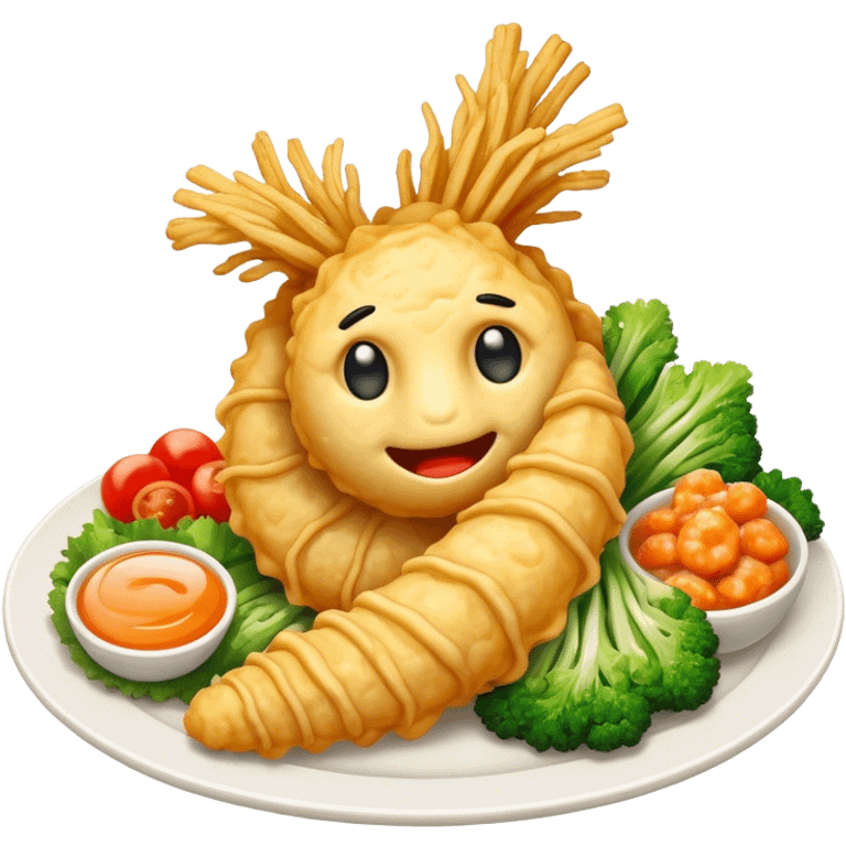 Tempura Cinematic Realistic Tempura Dish Emoji, depicted as extra crispy, lightly battered seafood and vegetables, rendered with vivid textures and dynamic, bright lighting. emoji