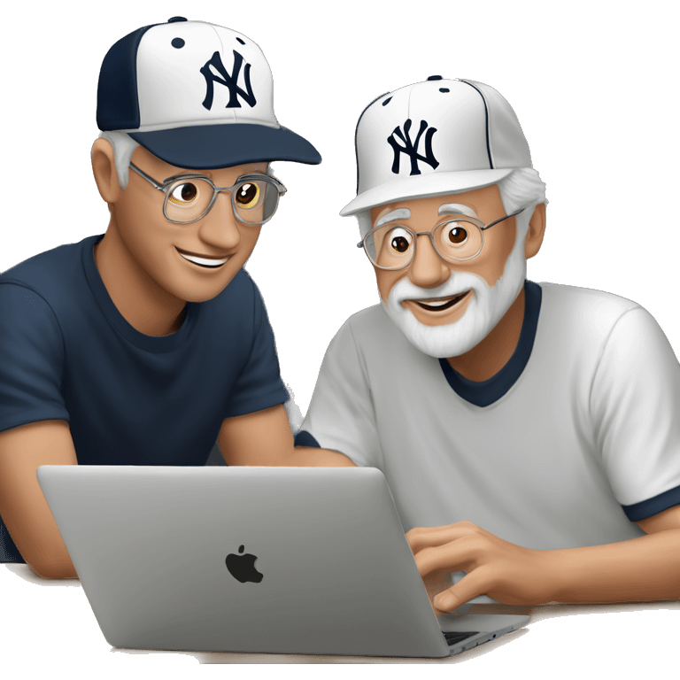 Young man with New York yankees hat helping old man with a Belgium hat to use artificial intelligence on a MacBook  computer emoji