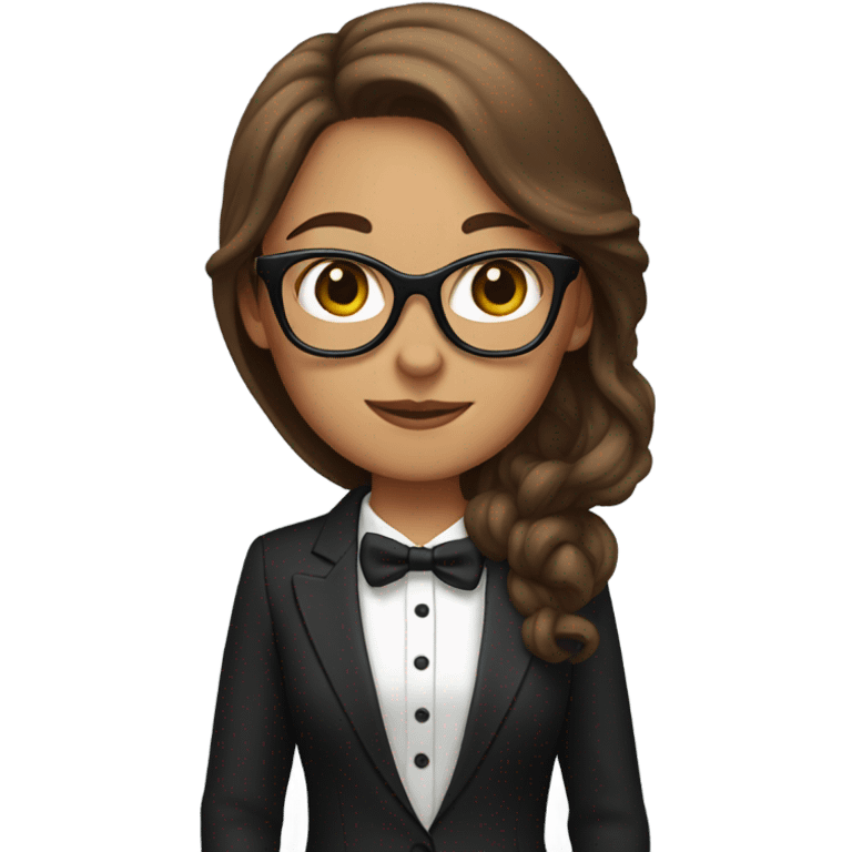 Woman with long brown hair and glasses with tuxedo cat emoji