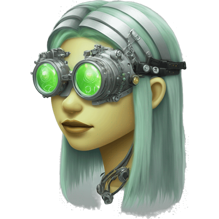 Light green long hair female cyborg head with silver steampunk goggles as a headband, circuits emoji