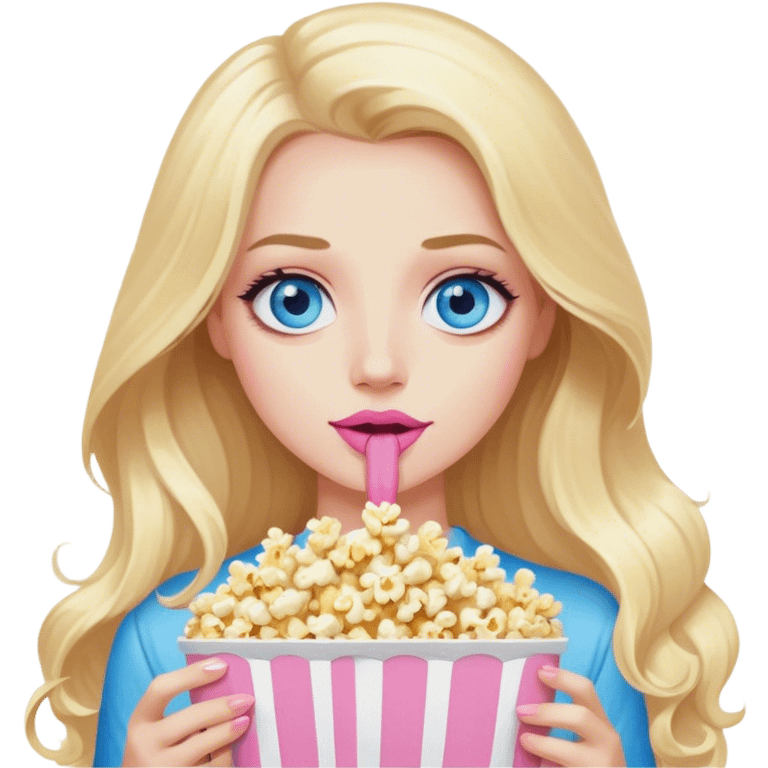 Cinematic realistic blonde with long hair, blue eyes and pink lips, watching TV and eating popcorn emoji