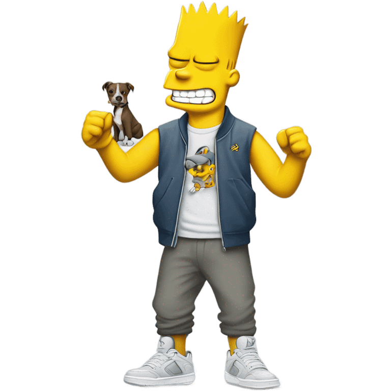 Bart Simpson wearing a gray Nike set with Jordan 4 and a pit bull sitting on the left of him emoji