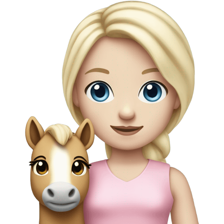 Blonde, pale skin, blue eyes girl wearing a pink dress holding her pony stuffed animal. emoji