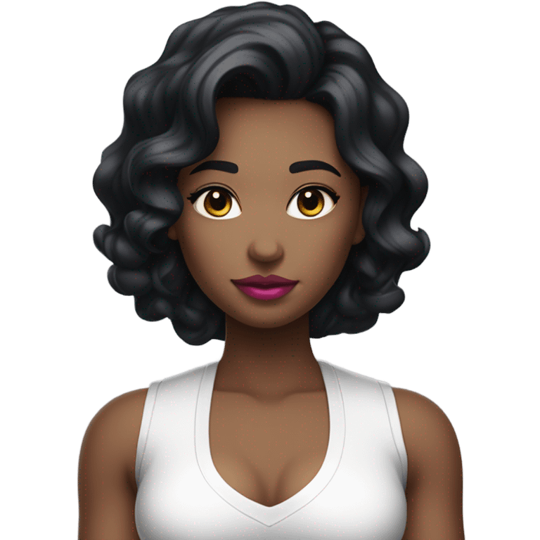 girl, black thick wavy hair, middle hair parting, juicy pink lips, white skin, long hair, white vest top, no necklace, small chest area emoji