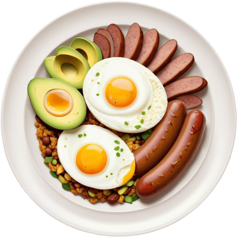 Bandeja Paisa Cinematic Realistic Bandeja Paisa Dish Emoji, depicted as a hearty platter featuring rice, beans, avocado slices, one sausage, a perfectly cooked egg, and crispy pork crackle, rendered with vivid textures and robust, inviting lighting. emoji