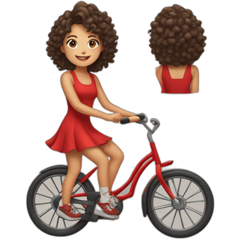 A TOK emoji of a Taiwanese girl with curly hair wearing red dress and keen shoes riding bicycle emoji