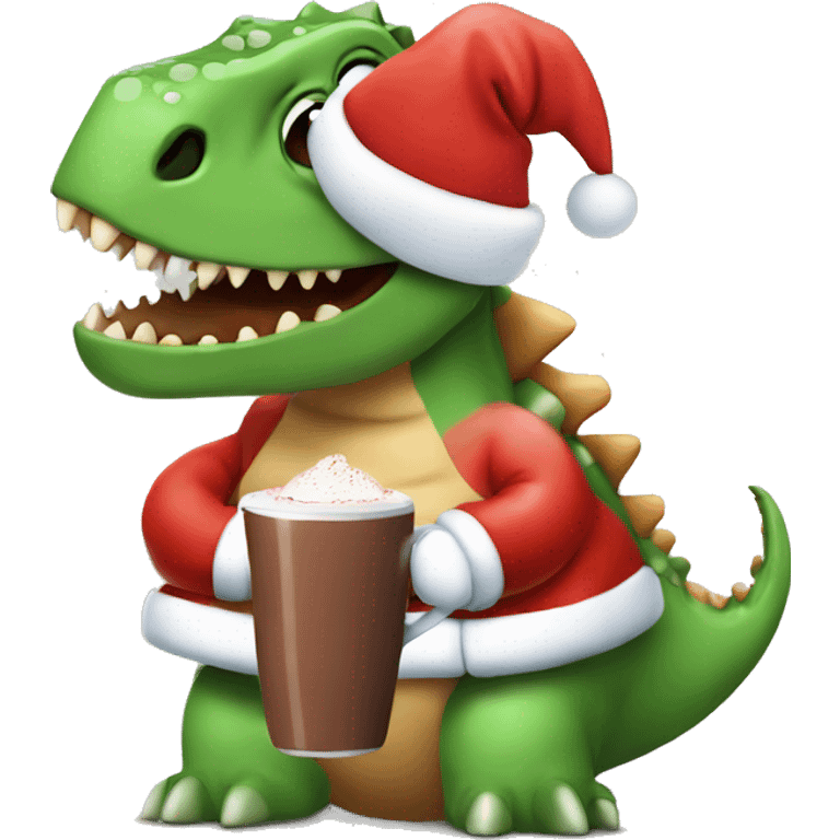 A dinosaur with Santa hat and hot chocolate  emoji