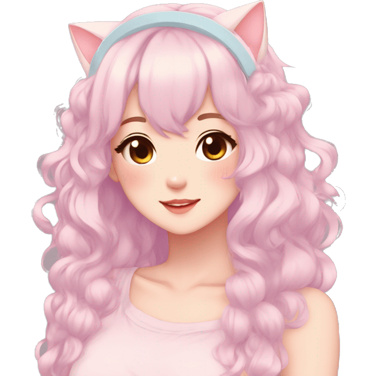 Gorgeous pastel anime girl with blushing face and hair garnitures and pretty hair and cat ears aesthetic trending style emoji