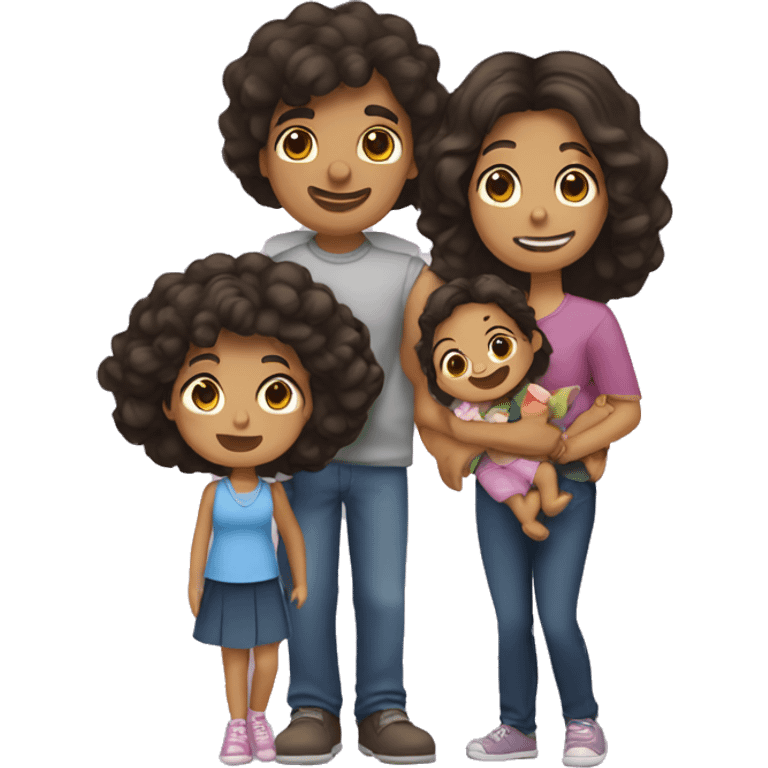 A family of 5, all have dark brown hair. A mom a d a  emoji