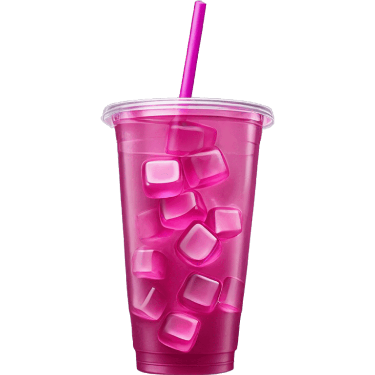 Realistic plastic cup and lid with Transluscent magenta soda and large ice cubes inside and one straw through the top of the lid. emoji