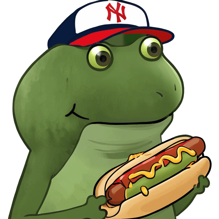 wearing a yankees hat, holding a hotdog emoji