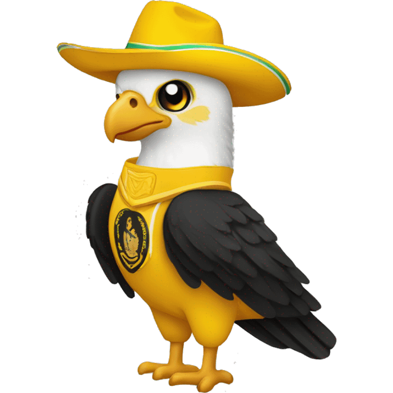 un águila llamado luka, vestido con uniforme amarillo y negro con logotipo de águila y banderea de México. con el pulgar arriba por el buen trabajo emoji