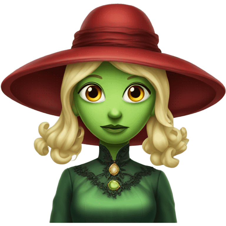 "galora green blonde alien woman" in red Victorian dress red elegant, full body emoji