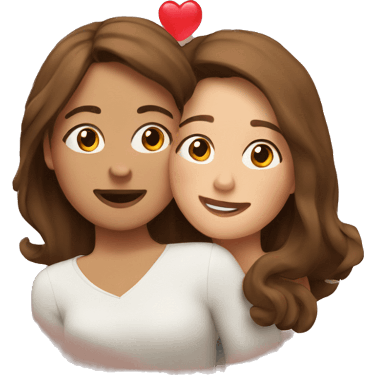 woman with brown short hair hugging a woman with brown long hair with hearts surrounding them emoji