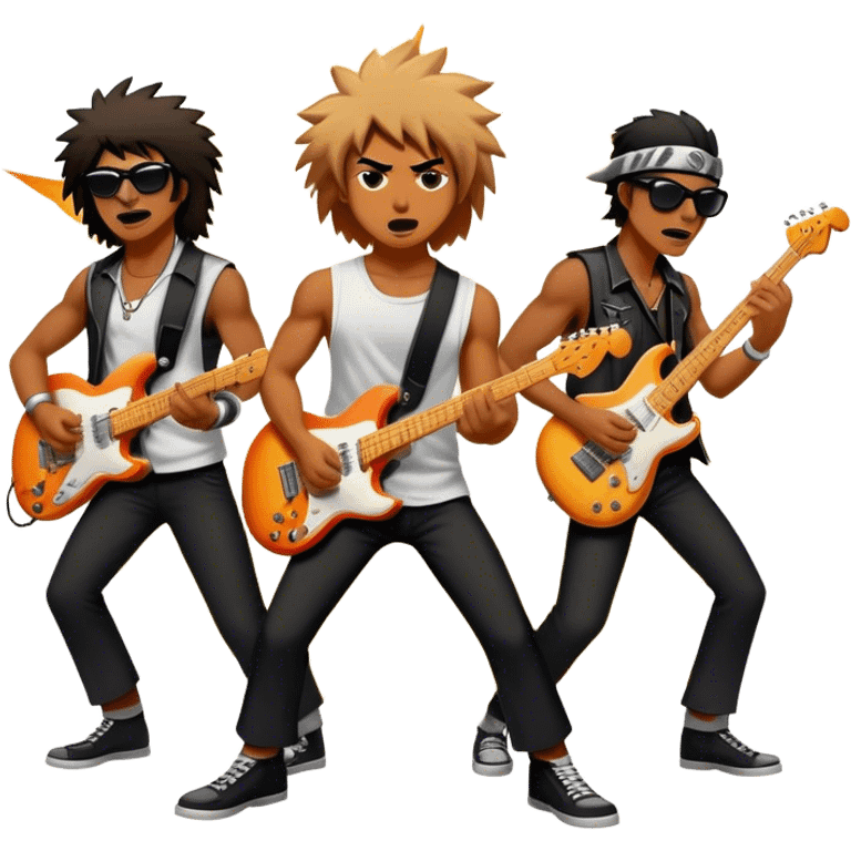 Cinematic Realistic AC/DC Band Emoji, depicted as a high-energy rock ensemble with electrifying stage presence and gritty textures, rendered with bold vibrant lighting that captures the raw power and rebellious spirit of their music. emoji