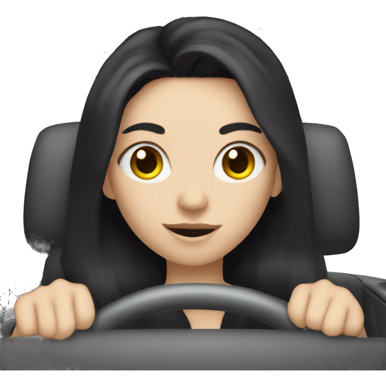 Pale girl with long black hair driving a car emoji