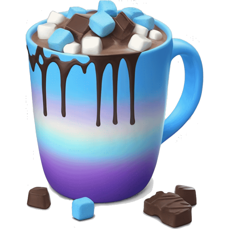 Gradient blue hot chocolate mug with realistic blue and purple marshmallows and chocolate drizzle on top emoji