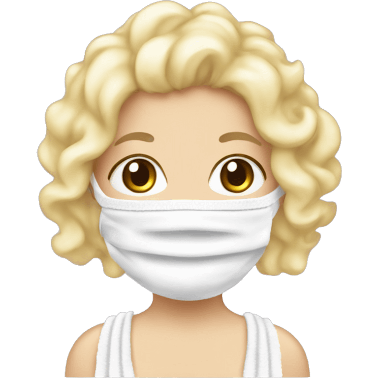 a girl with a white face mask on and a towel and a head towel and she has little pieces of blonde curls sticking out and make ur closing her eyes  emoji