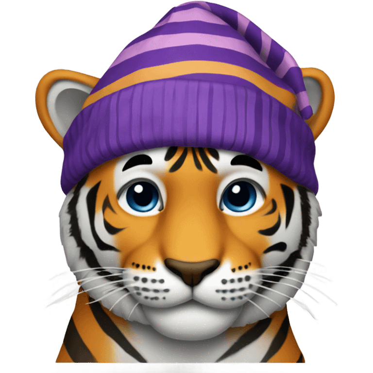 Tiger with striped purple stocking cap emoji