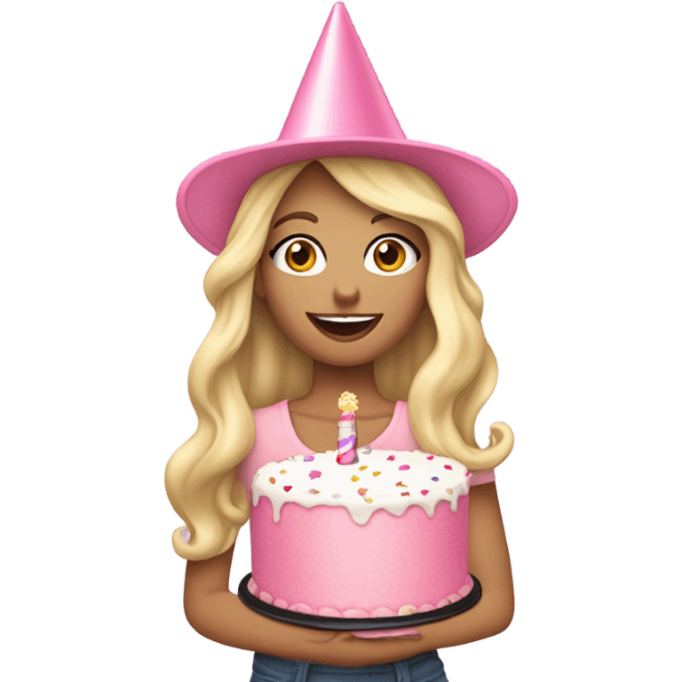 White woman, long hair, blonde hair, wavy hair, baby pink party cone hat, holding birthday cake emoji