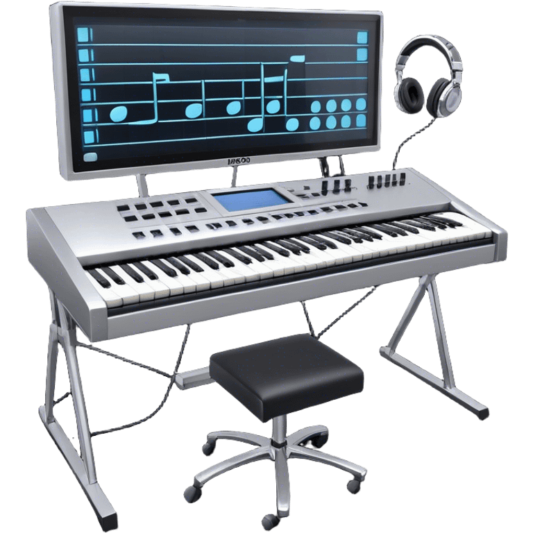 Create a professional and artistic emoji that represents writing music tracks. The design should feature a large monitor displaying musical notes or a score, positioned in front of a professional Korg synthesizer. Add elements like studio headphones, a MIDI keyboard, and an audio interface to symbolize the tools used in music production. Use sleek, modern colors like silver, black, and neon accents to convey the professional environment of music composition. The background should be transparent. emoji