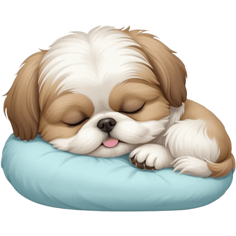 Meme-Worthy Cute Sleeping Shih Tzu Portrait Emoji, Head resting peacefully with a tender, contented smile and eyes delicately closed in serene slumber, showcasing a luxuriously fluffy fur in soft pastel tones, simplified yet irresistibly adorable, highly detailed, glowing with a warm, drowsy radiance, high shine, exuding calm, cozy charm, styled with a gentle, soft glowing outline, capturing the essence of a sleeping Shih Tzu that radiates utterly adorable, sleepy bliss! emoji