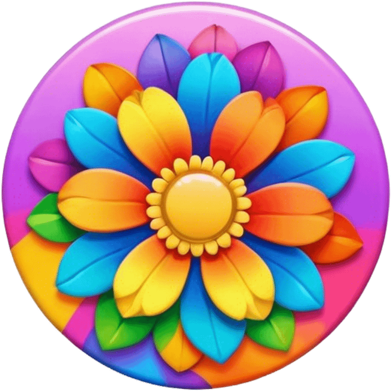 A round psychedelic colored button with rainbow colored flowers in the center emoji