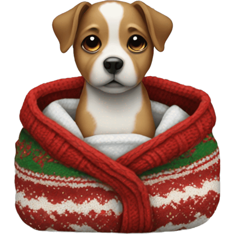 a small dog wrapped in a sweater and christmas blanket emoji