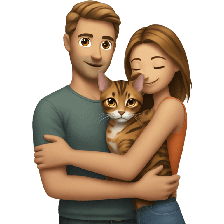 A man hugs a brown-haired skinny hot woman and a bengal cat emoji