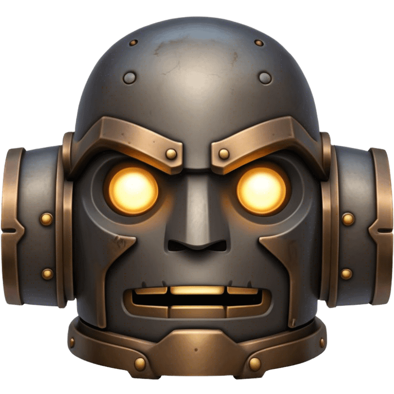 Cinematic Noble Mighty Iron Golem Portrait Emoji Poised and imposing, with a towering, metallic form forged from intricately detailed plates of burnished steel and ancient bronze, etched with faint traces of runes and weathered marks of time. Its piercing, glowing eyes radiate unwavering resolve, casting a solemn and commanding presence; rendered with lifelike texture and natural metallic highlights, high shine, elegant yet indomitable, styled with an aura of legendary endurance, focused and resolute, soft glowing outline, capturing the essence of an eternal guardian, standing vigilant and immovable as if ready to awaken at any moment with unstoppable might! emoji